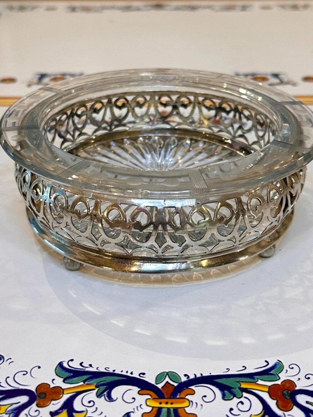 vintage open salt cellar with silver plated footed holder